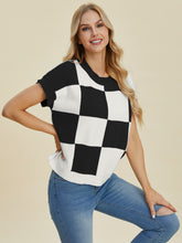 Load image into Gallery viewer, Double Take Full Size Checkered Round Neck Short Sleeve Sweater
