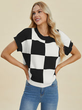 Load image into Gallery viewer, Double Take Full Size Checkered Round Neck Short Sleeve Sweater