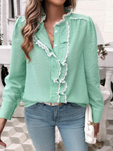 Load image into Gallery viewer, Lace Detail Ruffled Round Neck Long Sleeve Shirt