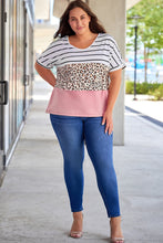 Load image into Gallery viewer, Plus Size Striped Leopard Round Neck Half Sleeve T-Shirt