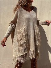 Load image into Gallery viewer, Fringe Detail Long Sleeve Sweater with Pockets