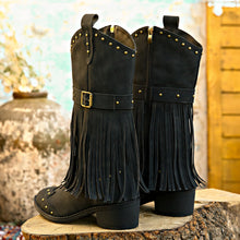 Load image into Gallery viewer, Studded Fringe Block Heel Boots