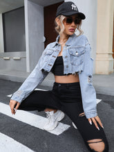 Load image into Gallery viewer, Distressed Raw Hem Cropped Denim Jacket
