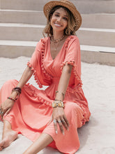 Load image into Gallery viewer, Tassel Trim Smocked V-Neck Short Sleeve Dress