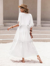 Load image into Gallery viewer, Tassel Trim Smocked V-Neck Short Sleeve Dress