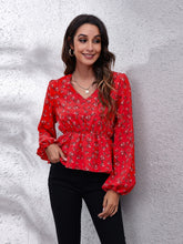 Load image into Gallery viewer, Floral V-Neck Balloon Sleeve Peplum Blouse