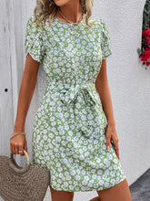Load image into Gallery viewer, Floral Round Neck Petal Sleeve Mini Dress