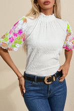 Load image into Gallery viewer, Sequin Flower Mock Neck Half Sleeve Blouse