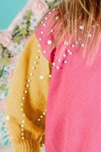 Load image into Gallery viewer, BiBi Color Block Pearl Decor Cropped Sweater