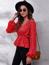 Load image into Gallery viewer, Floral V-Neck Balloon Sleeve Peplum Blouse