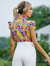 Load image into Gallery viewer, Ruffled Printed Tie Neck Cap Sleeve Blouse