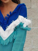 Load image into Gallery viewer, Color Block Fringed V-Neck Sweater