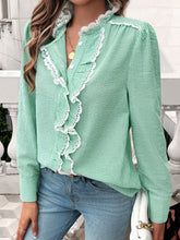 Load image into Gallery viewer, Lace Detail Ruffled Round Neck Long Sleeve Shirt
