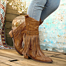 Load image into Gallery viewer, Studded Fringe Block Heel Boots