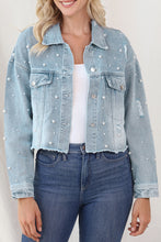 Load image into Gallery viewer, Distressed Pearl Trim Button Up Denim Jacket
