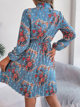 Load image into Gallery viewer, Pleated Printed Tie Neck Long Sleeve Dress