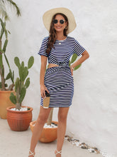 Load image into Gallery viewer, Cutout Striped Round Neck Short Sleeve Dress