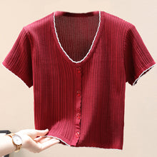 Load image into Gallery viewer, Contrast Decorative Button Short Sleeve Knit Top