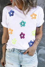 Load image into Gallery viewer, Sequin Flower Round Neck Short Sleeve T-Shirt
