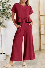 Load image into Gallery viewer, Peplum Round Neck Short Sleeve Top and Pants Set
