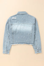 Load image into Gallery viewer, Distressed Pearl Trim Button Up Denim Jacket