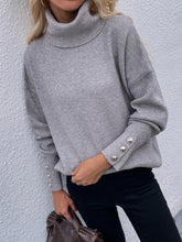 Load image into Gallery viewer, Woven Right Button Detail Rib-Knit Turtleneck Sweater