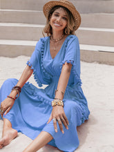 Load image into Gallery viewer, Tassel Trim Smocked V-Neck Short Sleeve Dress