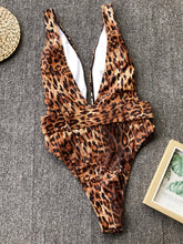 Load image into Gallery viewer, Leopard Plunge Wide Strap Sleeveless One-Piece Swimwear