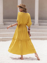 Load image into Gallery viewer, Tassel Trim Smocked V-Neck Short Sleeve Dress