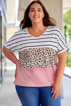 Load image into Gallery viewer, Plus Size Striped Leopard Round Neck Half Sleeve T-Shirt