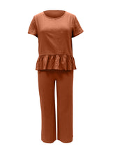 Load image into Gallery viewer, Peplum Round Neck Short Sleeve Top and Pants Set