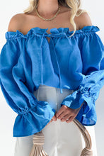 Load image into Gallery viewer, Drawstring Off-Shoulder Flounce Sleeve Blouse