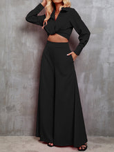 Load image into Gallery viewer, Collared Neck Long Sleeve Top and Wide Leg Pants Set
