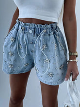 Load image into Gallery viewer, Rhinestone Drawstring Denim Shorts