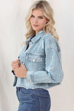 Load image into Gallery viewer, Distressed Pearl Trim Button Up Denim Jacket