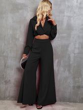 Load image into Gallery viewer, Collared Neck Long Sleeve Top and Wide Leg Pants Set