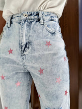 Load image into Gallery viewer, High Waisted Jeans with Distressing & Pink Stars