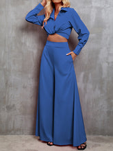 Load image into Gallery viewer, Collared Neck Long Sleeve Top and Wide Leg Pants Set