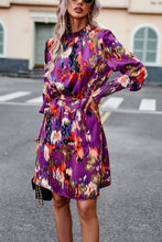 Load image into Gallery viewer, Printed Tie Waist Mock Neck Lantern Sleeve Dress