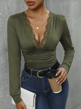 Load image into Gallery viewer, Lace Detail Plunge Long Sleeve Bodysuit