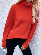 Load image into Gallery viewer, Woven Right Button Detail Rib-Knit Turtleneck Sweater