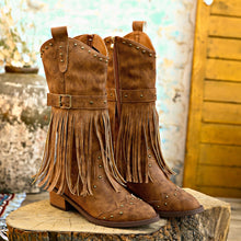 Load image into Gallery viewer, Studded Fringe Block Heel Boots