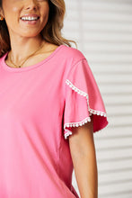 Load image into Gallery viewer, Double Take Pom-Pom Trim Flutter Sleeve Round Neck T-Shirt