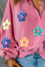 Load image into Gallery viewer, Sequin Flower Half Snap Lantern Sleeve Sweatshirt
