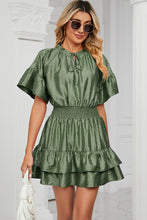 Load image into Gallery viewer, Smocked Tie Neck Flounce Sleeve Dress