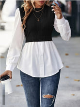 Load image into Gallery viewer, Contrast Round Neck Puff Sleeve Blouse