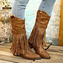 Load image into Gallery viewer, Studded Fringe Block Heel Boots