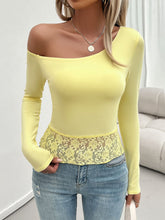 Load image into Gallery viewer, Single Shoulder Long Sleeve Lace T-Shirt