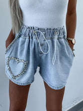 Load image into Gallery viewer, Rhinestone Drawstring Denim Shorts