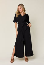 Load image into Gallery viewer, Double Take Full Size V-Neck Tie Front Short Sleeve Slit Jumpsuit